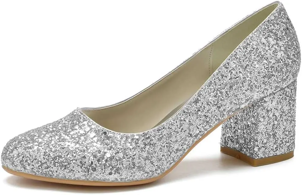 TarfiC Women's Closed Toe Wedding Chunky Low Heel,Sequins Slip On Sandals Bridal Pumps High Heeled Prom Dress Shoes
