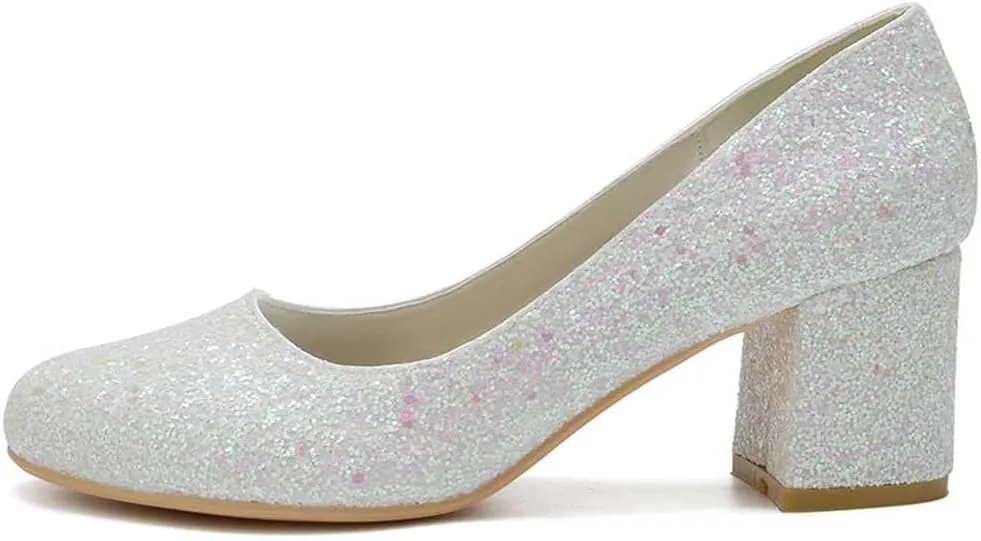 TarfiC Women's Closed Toe Wedding Chunky Low Heel,Sequins Slip On Sandals Bridal Pumps High Heeled Prom Dress Shoes
