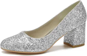 TarfiC Women's Closed Toe Wedding Chunky Low Heel,Sequins Slip On Sandals Bridal Pumps High Heeled Prom Dress Shoes