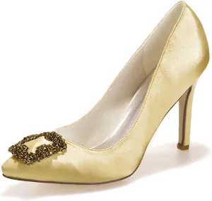TarfiC Women's Wedding Rhinestones Satin Low Kitten Heels Pumps Dress Evening Shoes for Women Bridal Bride Pumps Shoes