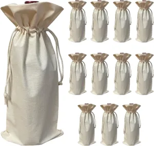 TBF Natural Cotton Canvas Wine Bottle Gift Bags with Drawstring Closure Reusable Wine Bags for Gifts (12-Pack)