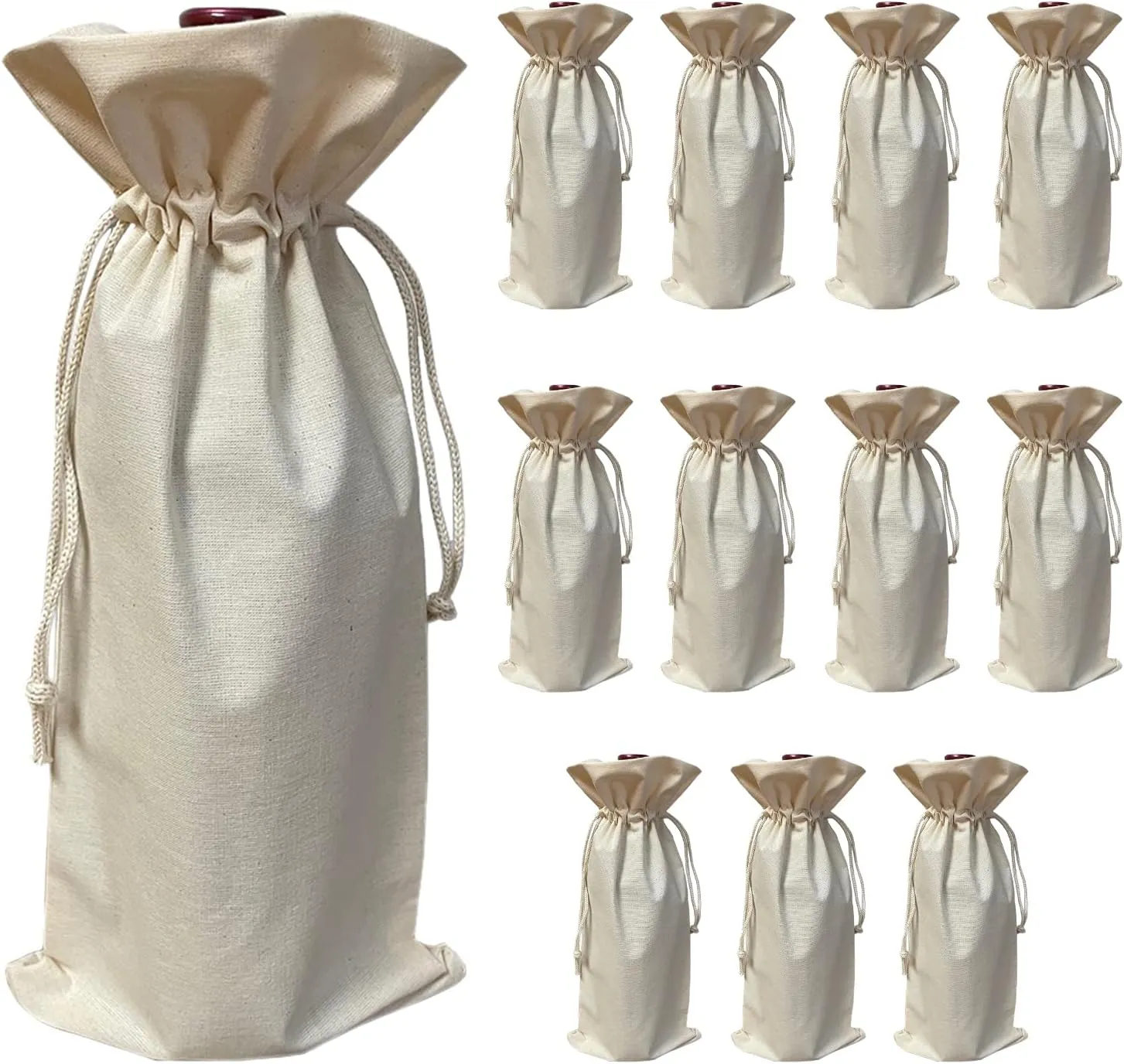 TBF Natural Cotton Canvas Wine Bottle Gift Bags with Drawstring Closure Reusable Wine Bags for Gifts (12-Pack)