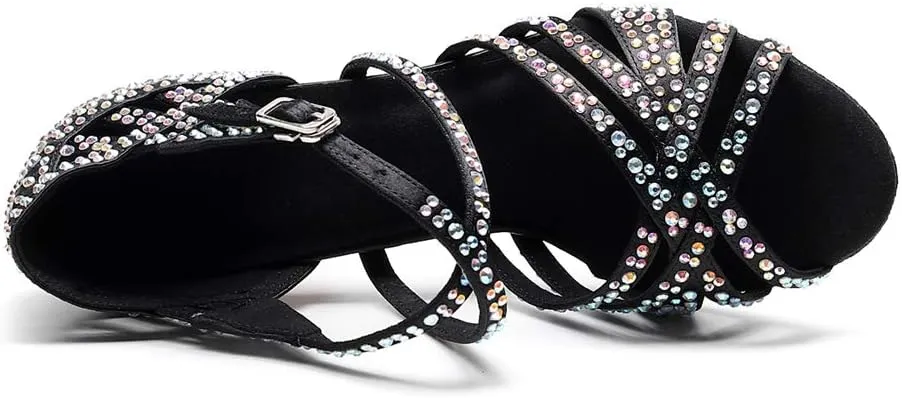 TDA Women's Comfort Cross Strap Flared Heel Satin Rhinestones Social Tango Prom Wedding Praty Dance Sandals