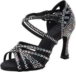 TDA Women's Comfort Cross Strap Flared Heel Satin Rhinestones Social Tango Prom Wedding Praty Dance Sandals