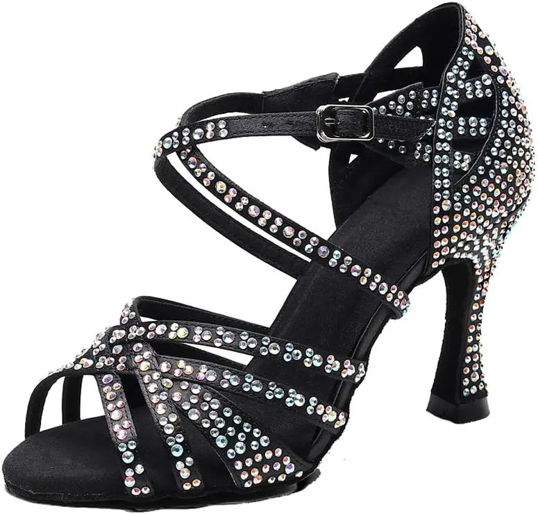 TDA Women's Comfort Cross Strap Flared Heel Satin Rhinestones Social Tango Prom Wedding Praty Dance Sandals