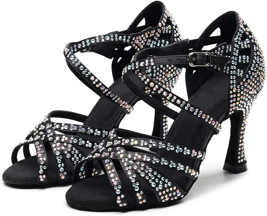 TDA Women's Comfort Cross Strap Flared Heel Satin Rhinestones Social Tango Prom Wedding Praty Dance Sandals