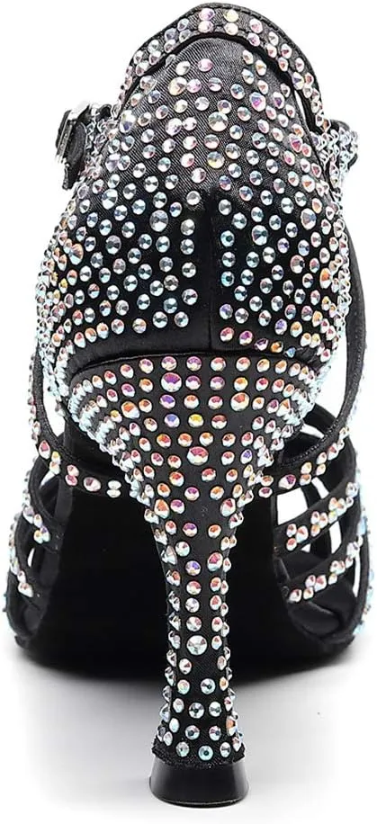 TDA Women's Comfort Cross Strap Flared Heel Satin Rhinestones Social Tango Prom Wedding Praty Dance Sandals