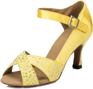 TDA Women's Peep Toe T-Strap Satin Rhinestones Latin Salsa Ballroom Modern Dance Wedding Shoes