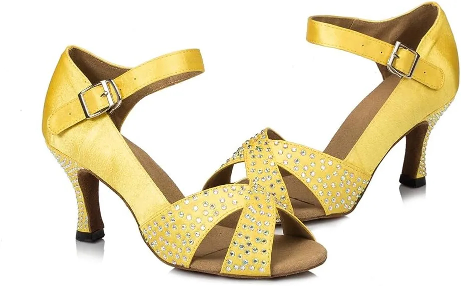TDA Women's Peep Toe T-Strap Satin Rhinestones Latin Salsa Ballroom Modern Dance Wedding Shoes