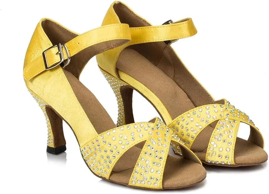 TDA Women's Peep Toe T-Strap Satin Rhinestones Latin Salsa Ballroom Modern Dance Wedding Shoes