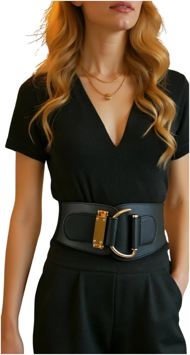 TFJ Women Wide Fashion Belt Hip High Waist Gold Metal Hook Buckle Size XS S M L Xl