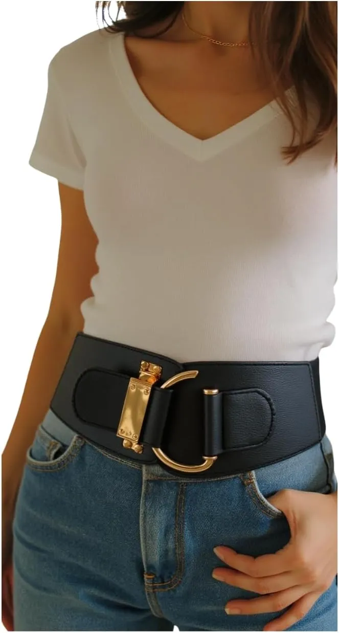 TFJ Women Wide Fashion Belt Hip High Waist Gold Metal Hook Buckle Size XS S M L Xl