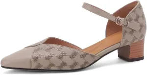TinaCus Embossed Genuine Leather Women's Pointed Toe Handmade Chunky Heels Pumps Shoes with Belt Buckle