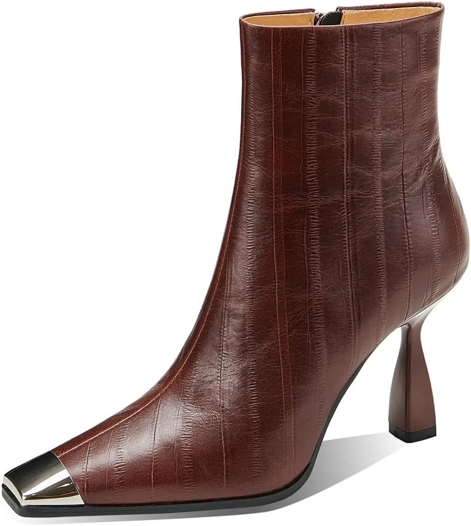 TinaCus Metal Square Toe Embossed Genuine Leather Handmade Zipper Stiletto High Heels Women's Ankle Boots