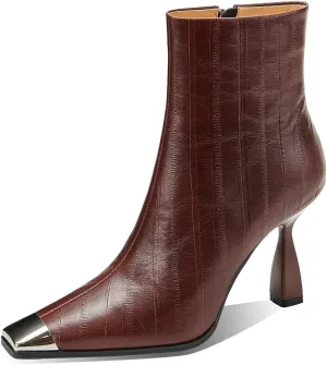 TinaCus Metal Square Toe Embossed Genuine Leather Handmade Zipper Stiletto High Heels Women's Ankle Boots