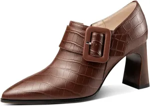 TinaCus Women's Pointed Toe Embossed Genuine Leather Handmade Buckle Mid Block Heels Zip Up Pumps Shoes