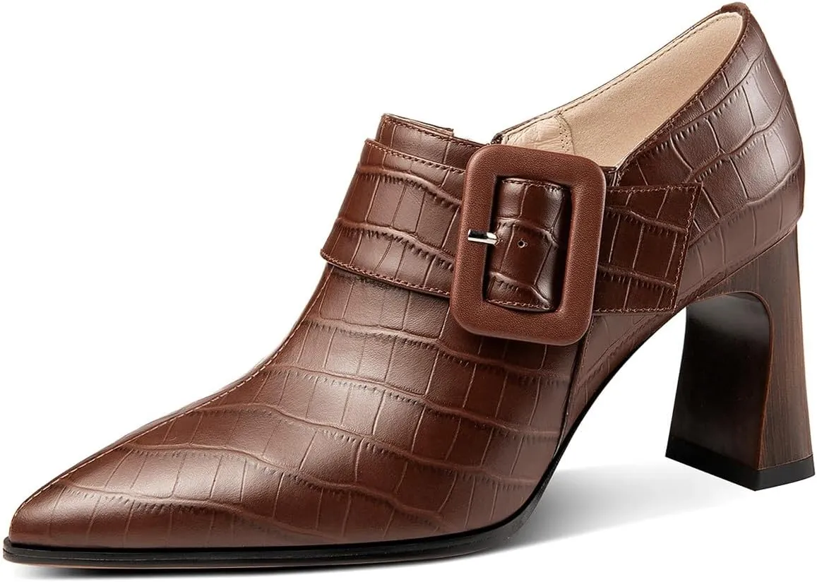 TinaCus Women's Pointed Toe Embossed Genuine Leather Handmade Buckle Mid Block Heels Zip Up Pumps Shoes