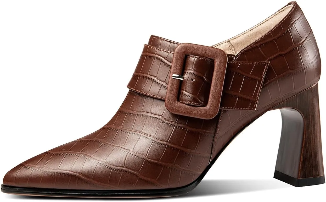 TinaCus Women's Pointed Toe Embossed Genuine Leather Handmade Buckle Mid Block Heels Zip Up Pumps Shoes