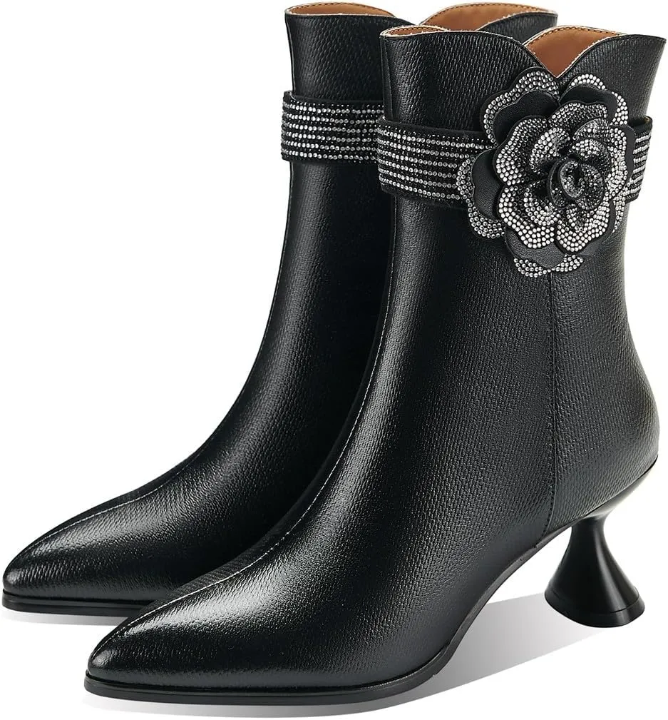 TinaCus Women's Pointed Toe Handmade Flower Mid Cone Heels Side Zipper Embossed Genuine Leather Ankle Boot