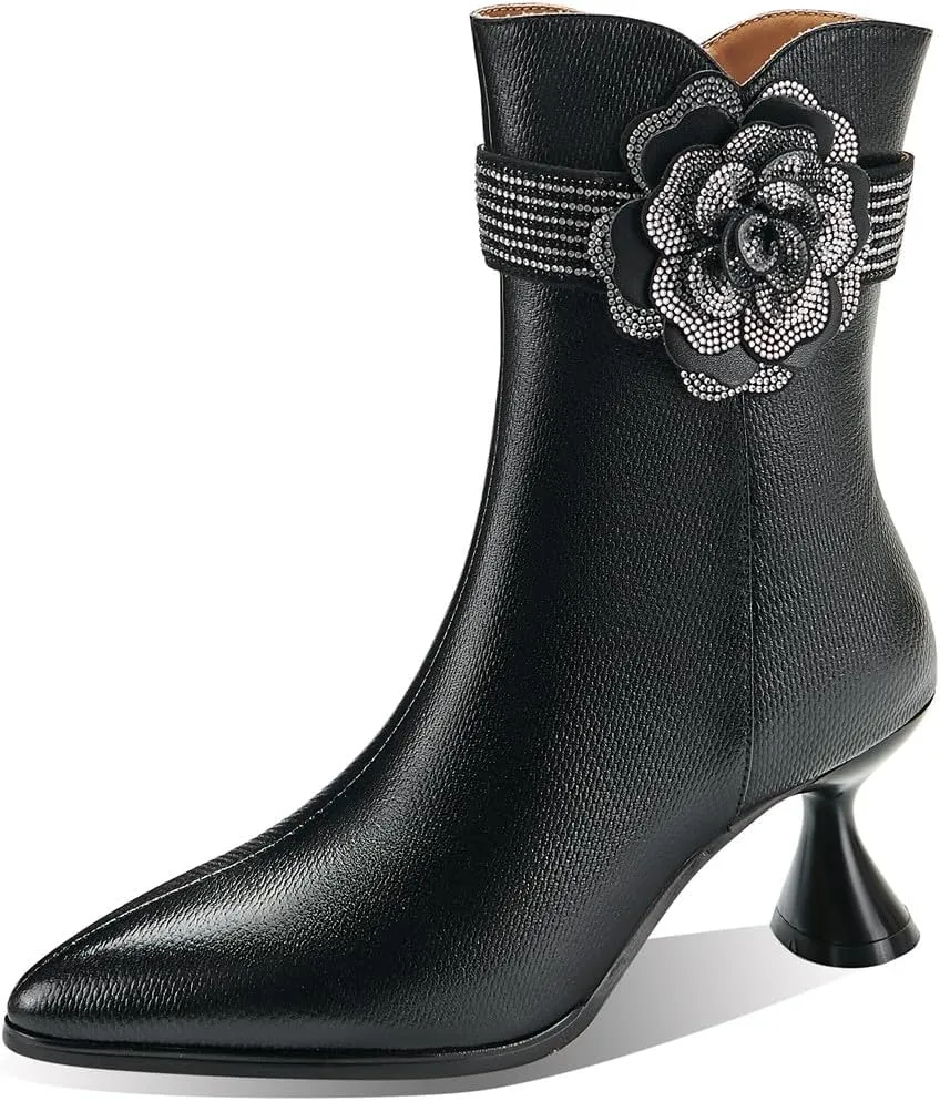 TinaCus Women's Pointed Toe Handmade Flower Mid Cone Heels Side Zipper Embossed Genuine Leather Ankle Boot