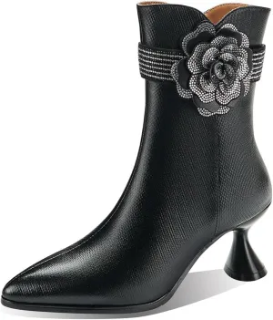 TinaCus Women's Pointed Toe Handmade Flower Mid Cone Heels Side Zipper Embossed Genuine Leather Ankle Boot