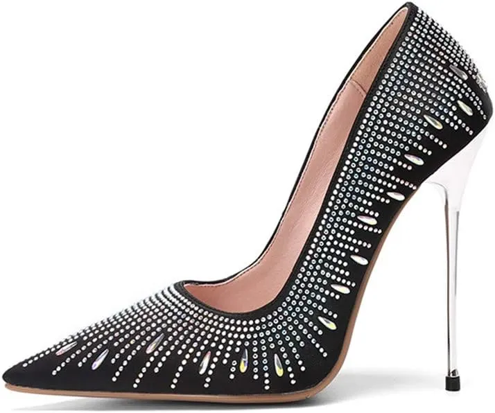 TinaCus Women's Pointed Toe Handmade Satin Rhinestone-Embedded Super High Stiletto Heel Party Pumps Shoes