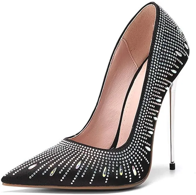 TinaCus Women's Pointed Toe Handmade Satin Rhinestone-Embedded Super High Stiletto Heel Party Pumps Shoes