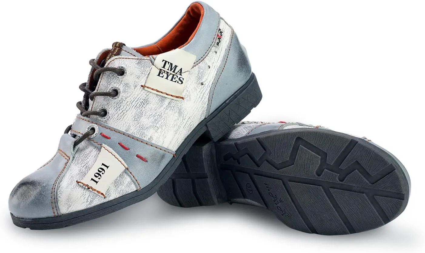 TMA EYES & MAiA Womens Handmade Stitching Shoes Leather Lace-up Low Heel Women Casual Shoes