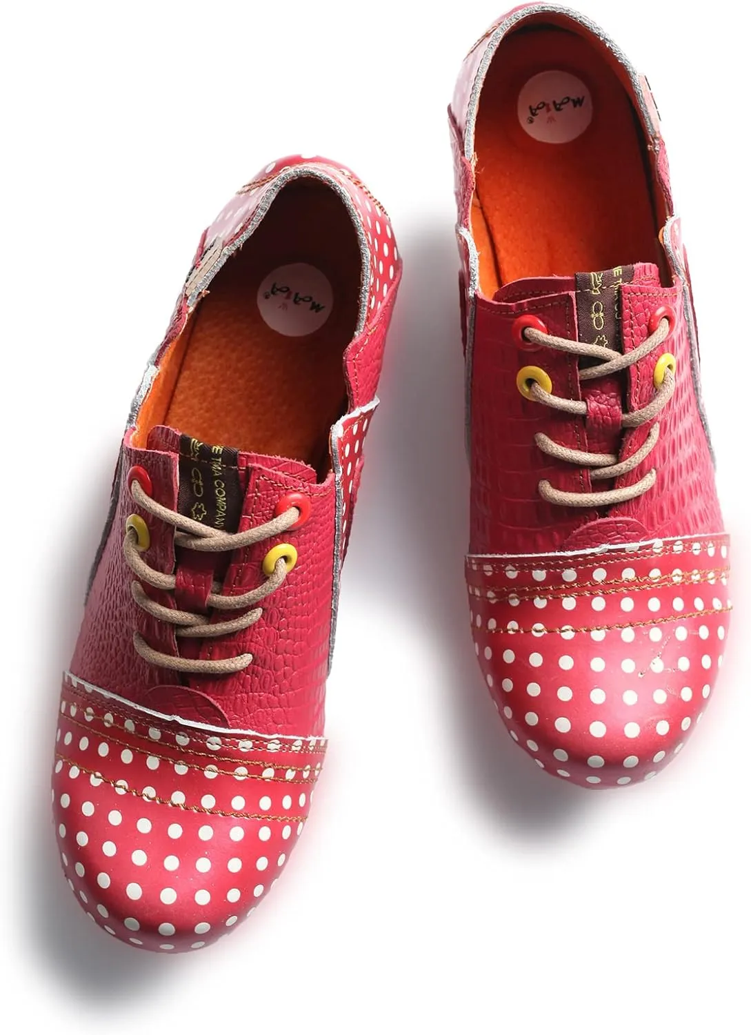 TMA EYES Women's Retro Polka Dot Leather Booties Low Heel Lace Up Women's Ankle Boots