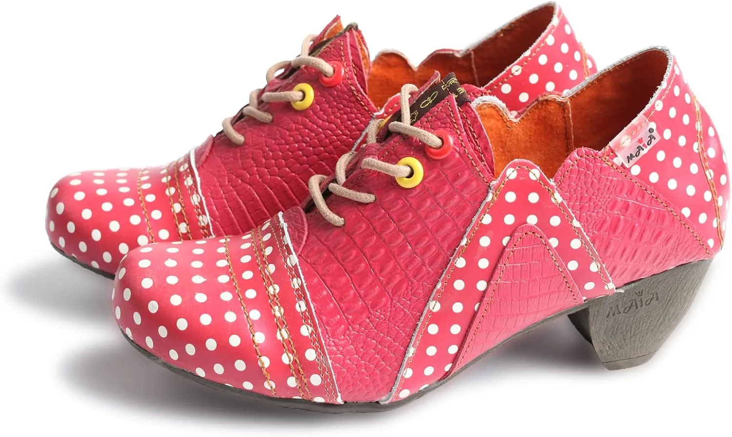 TMA EYES Women's Retro Polka Dot Leather Booties Low Heel Lace Up Women's Ankle Boots