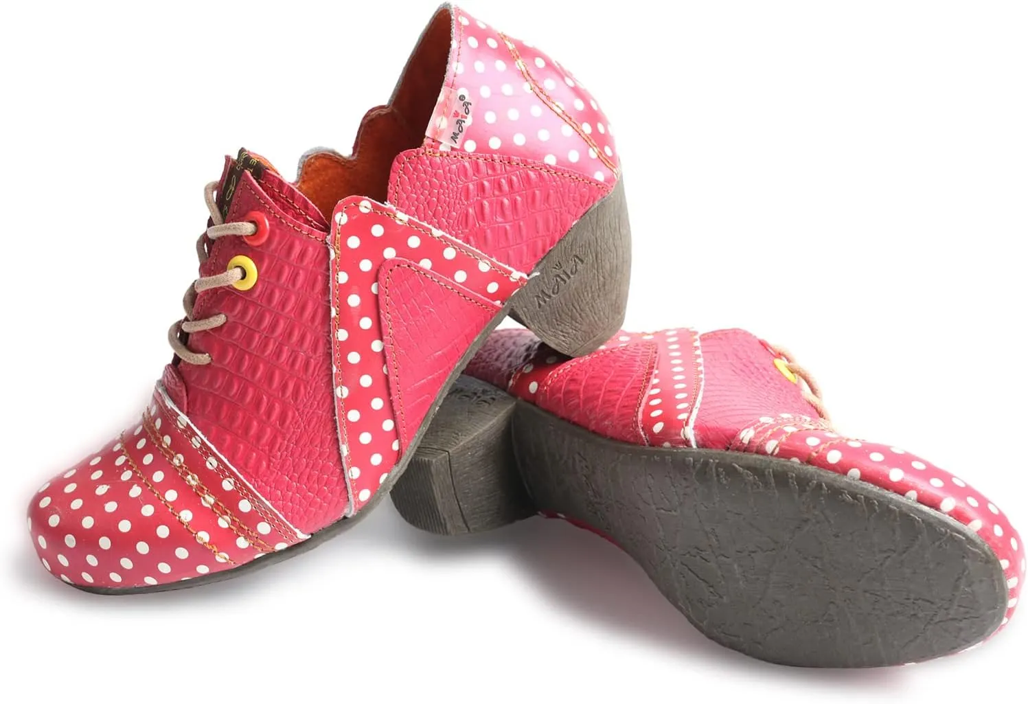 TMA EYES Women's Retro Polka Dot Leather Booties Low Heel Lace Up Women's Ankle Boots