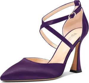 TNYNFBEB Womens Stiletto High Heel Pointed Toe Pumps Cross-Strap Two-Piece Buckle Prom Dress Satin 3.9 Inches Heels