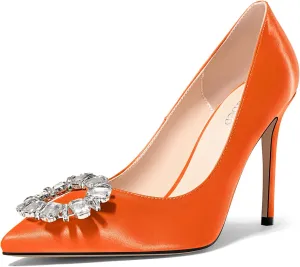 TNYNFBEB Womens Stiletto High Heel Pointed Toe Pumps Slip-on Satin Buckle Rhinestone Crystal Wedding Party Basic Classic Summer 3.9 Inches Heels