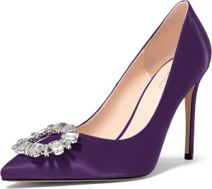 TNYNFBEB Womens Stiletto High Heel Pointed Toe Pumps Slip-on Satin Buckle Rhinestone Crystal Wedding Party Basic Classic Summer 3.9 Inches Heels