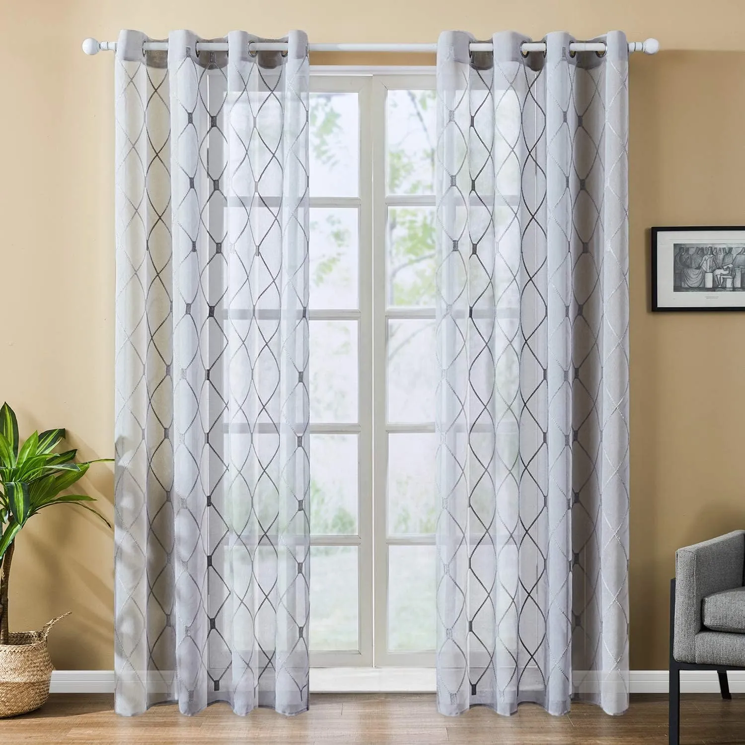 Top Finel Grey Sheer Curtains 84 Inches Length for Living Room Bedroom Diamond Embroidered Grommet Window Curtains, 2 Panels