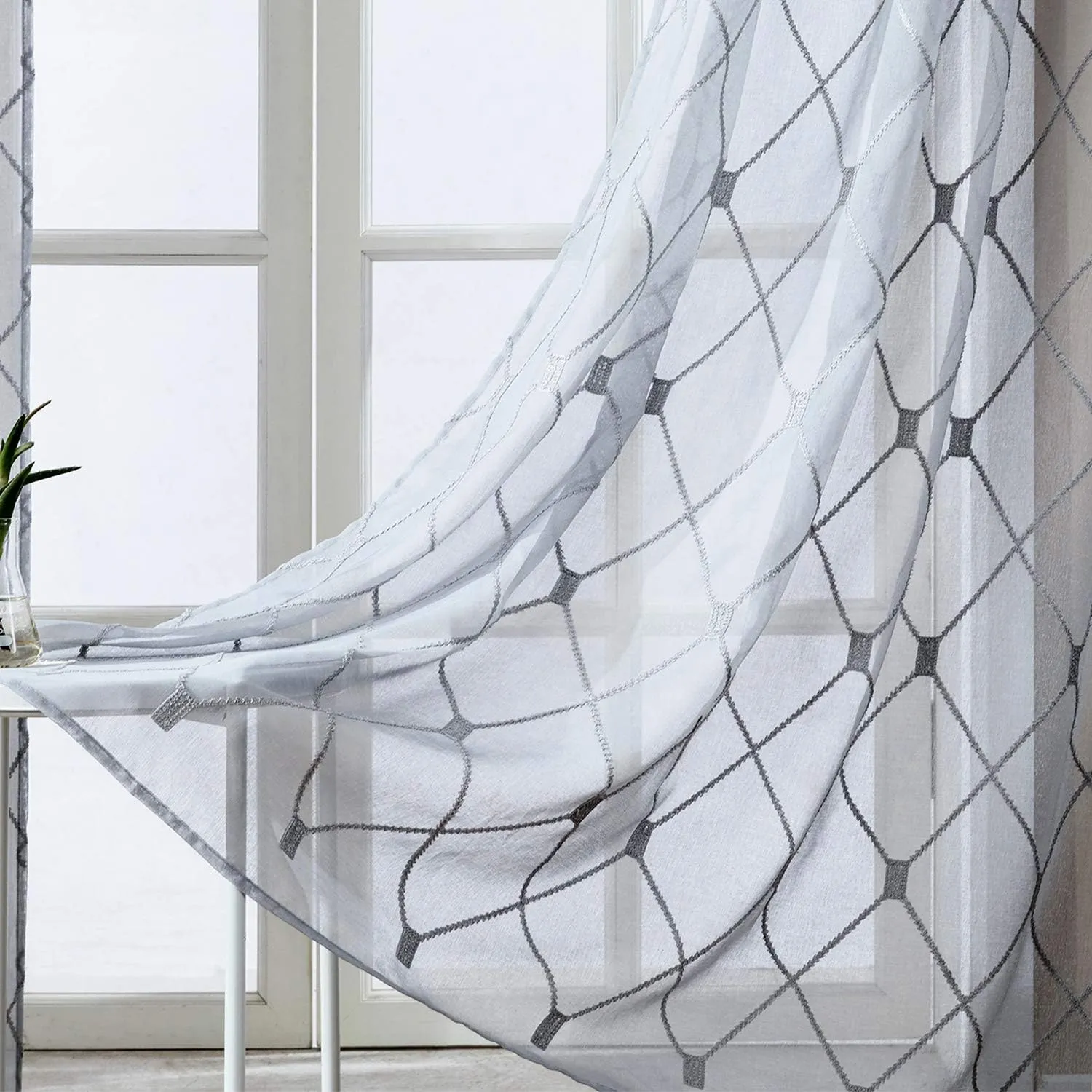 Top Finel Grey Sheer Curtains 84 Inches Length for Living Room Bedroom Diamond Embroidered Grommet Window Curtains, 2 Panels