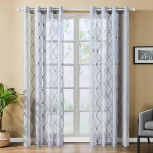 Top Finel Grey Sheer Curtains 84 Inches Length for Living Room Bedroom Diamond Embroidered Grommet Window Curtains, 2 Panels