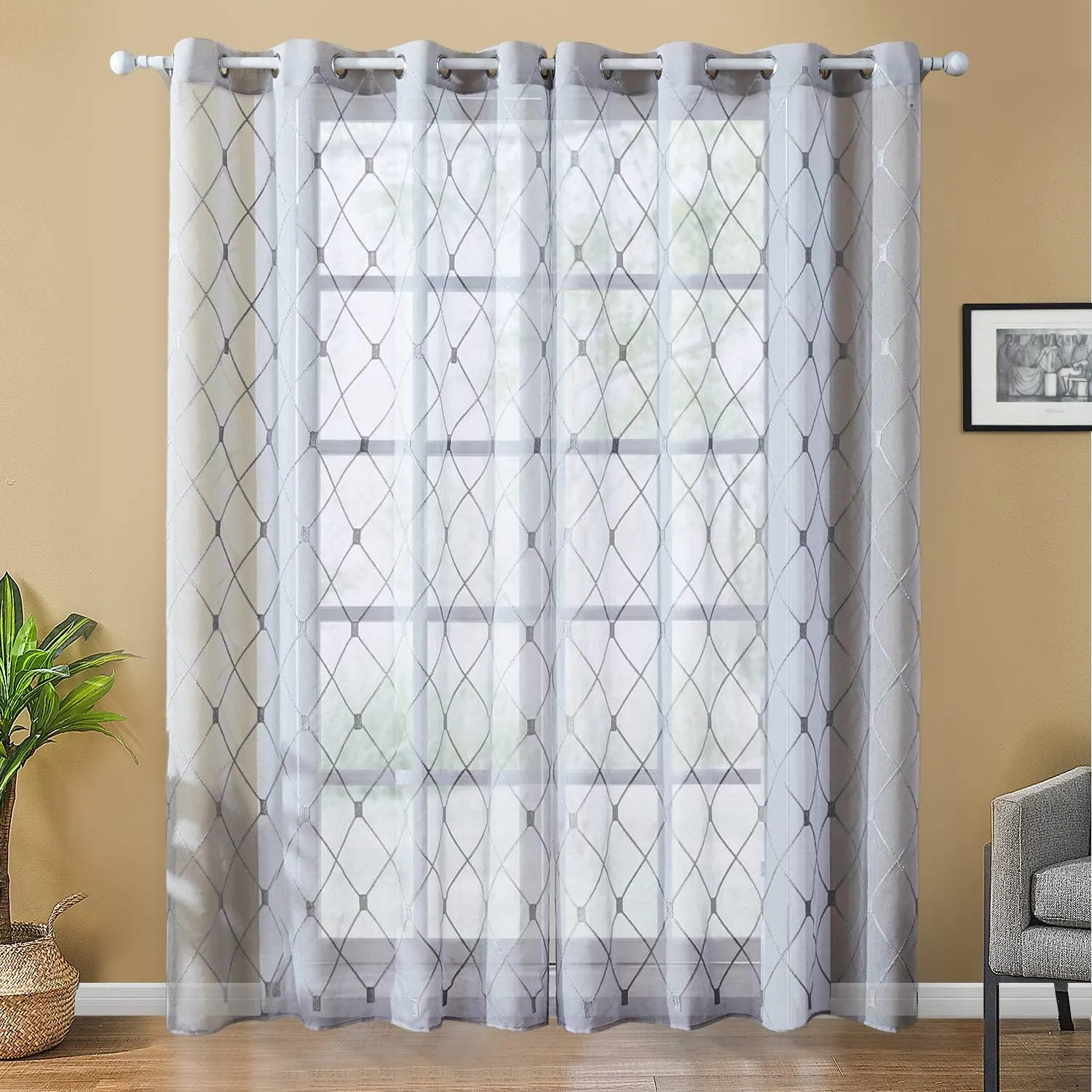 Top Finel Grey Sheer Curtains 84 Inches Length for Living Room Bedroom Diamond Embroidered Grommet Window Curtains, 2 Panels