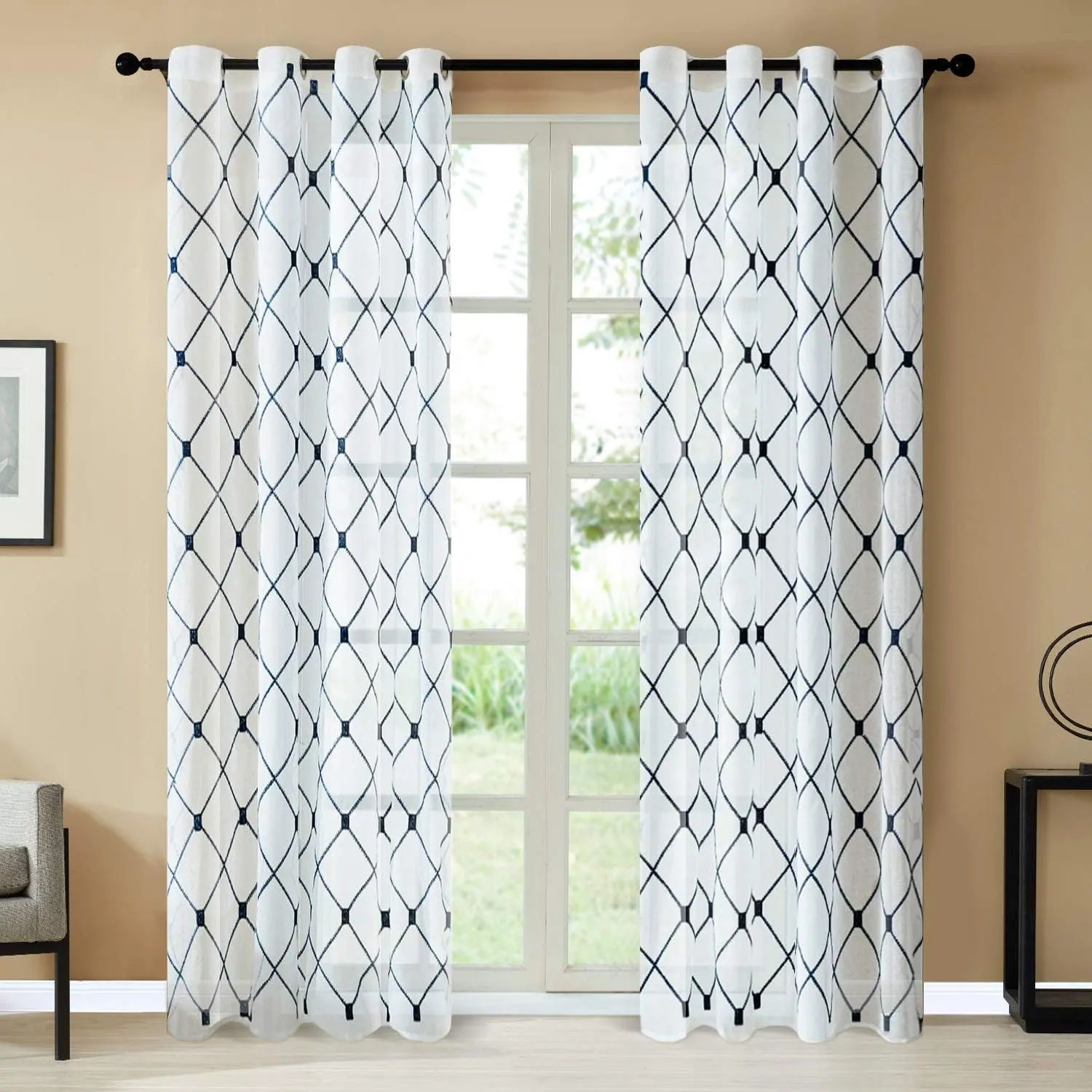 Top Finel White Sheer Curtains 80 Inch Length Navy Blue Embroidered Diamond Grommet Window Curtains for Living Room Bedroom Aesthetic Neutral Decor,Set of 2,54x80, 2 Panels