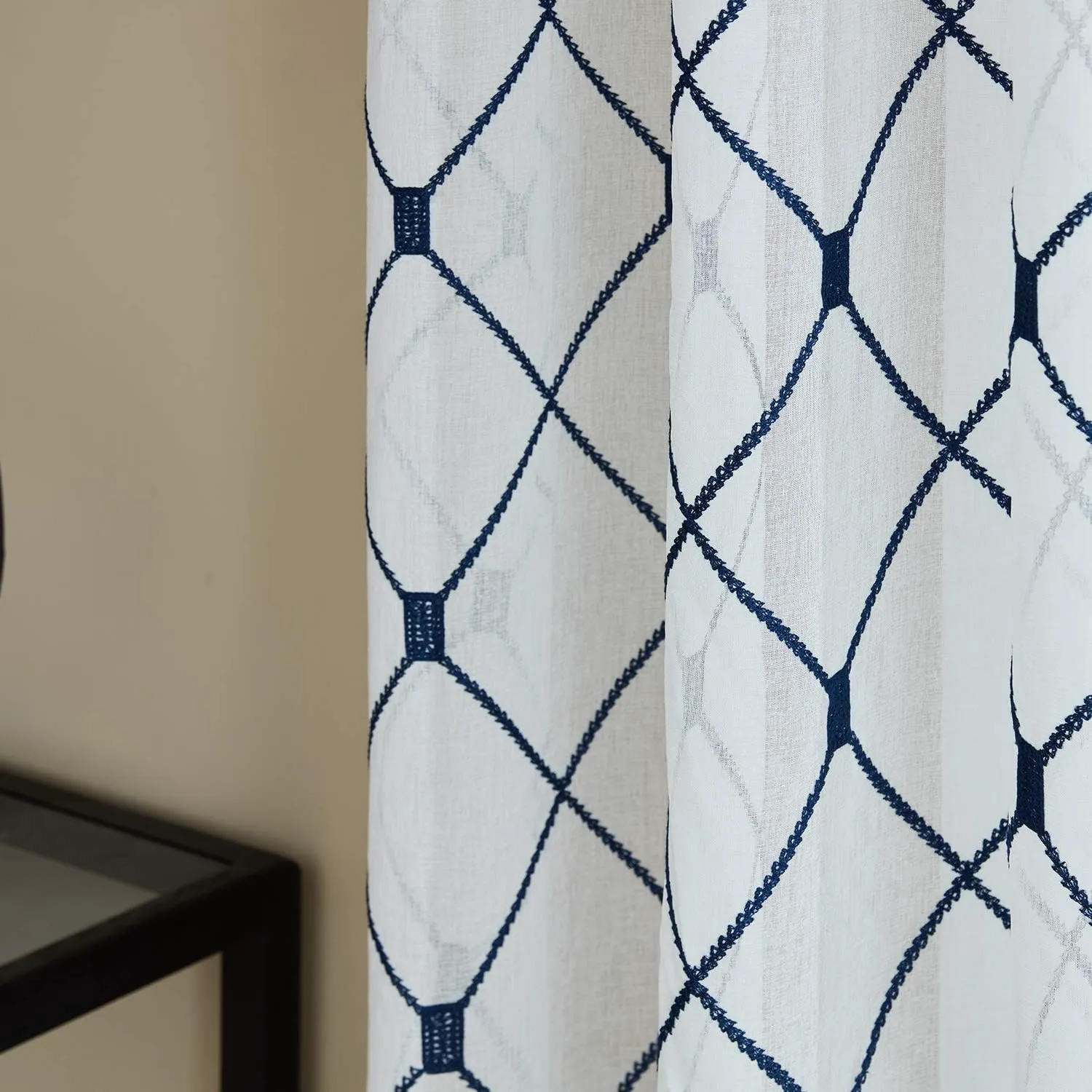 Top Finel White Sheer Curtains 80 Inch Length Navy Blue Embroidered Diamond Grommet Window Curtains for Living Room Bedroom Aesthetic Neutral Decor,Set of 2,54x80, 2 Panels
