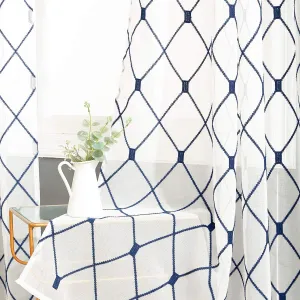 Top Finel White Sheer Curtains 80 Inch Length Navy Blue Embroidered Diamond Grommet Window Curtains for Living Room Bedroom Aesthetic Neutral Decor,Set of 2,54x80, 2 Panels