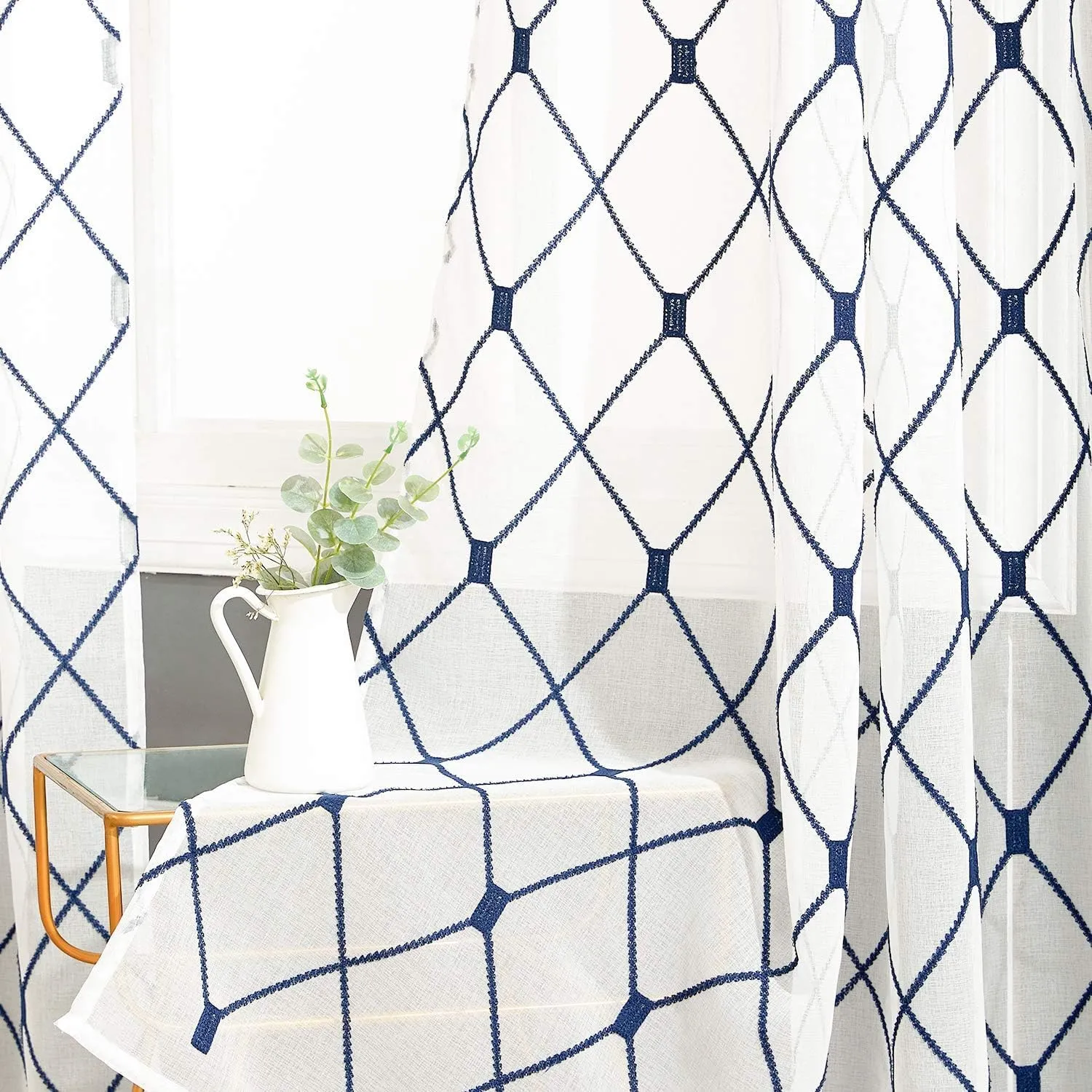 Top Finel White Sheer Curtains 80 Inch Length Navy Blue Embroidered Diamond Grommet Window Curtains for Living Room Bedroom Aesthetic Neutral Decor,Set of 2,54x80, 2 Panels