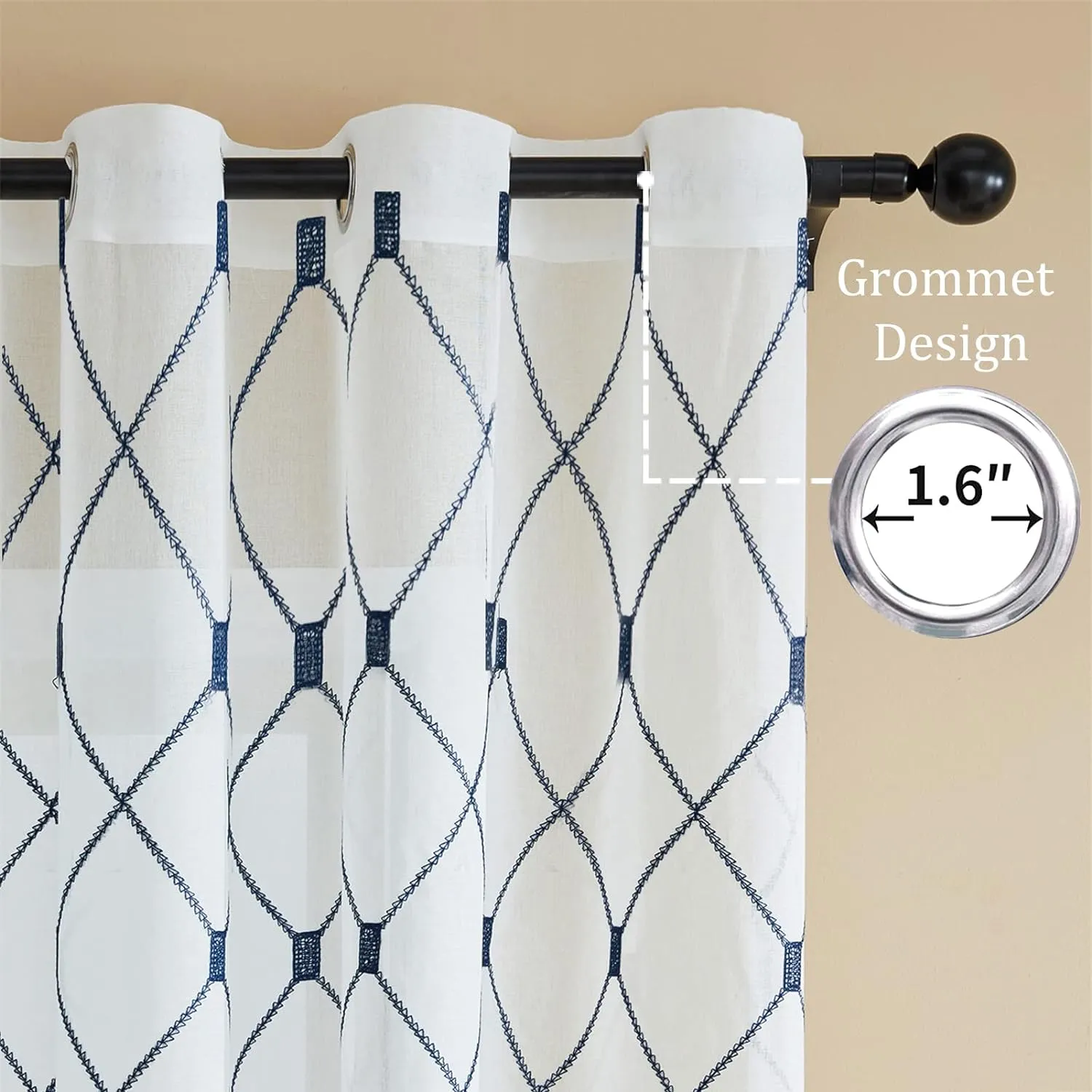 Top Finel White Sheer Curtains 80 Inch Length Navy Blue Embroidered Diamond Grommet Window Curtains for Living Room Bedroom Aesthetic Neutral Decor,Set of 2,54x80, 2 Panels