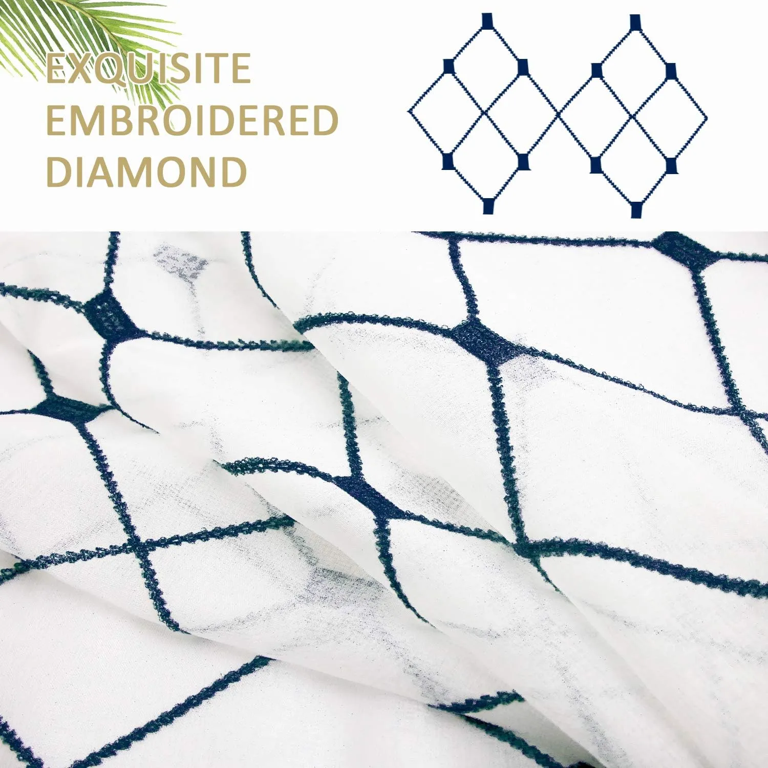 Top Finel White Sheer Curtains 80 Inch Length Navy Blue Embroidered Diamond Grommet Window Curtains for Living Room Bedroom Aesthetic Neutral Decor,Set of 2,54x80, 2 Panels