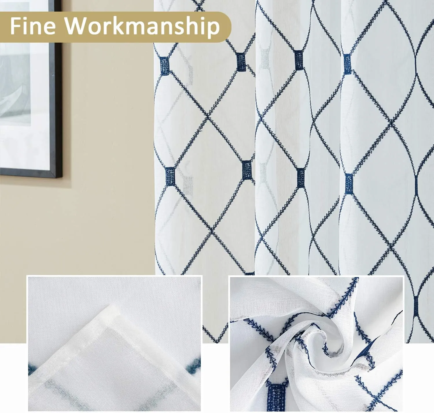 Top Finel White Sheer Curtains 80 Inch Length Navy Blue Embroidered Diamond Grommet Window Curtains for Living Room Bedroom Aesthetic Neutral Decor,Set of 2,54x80, 2 Panels
