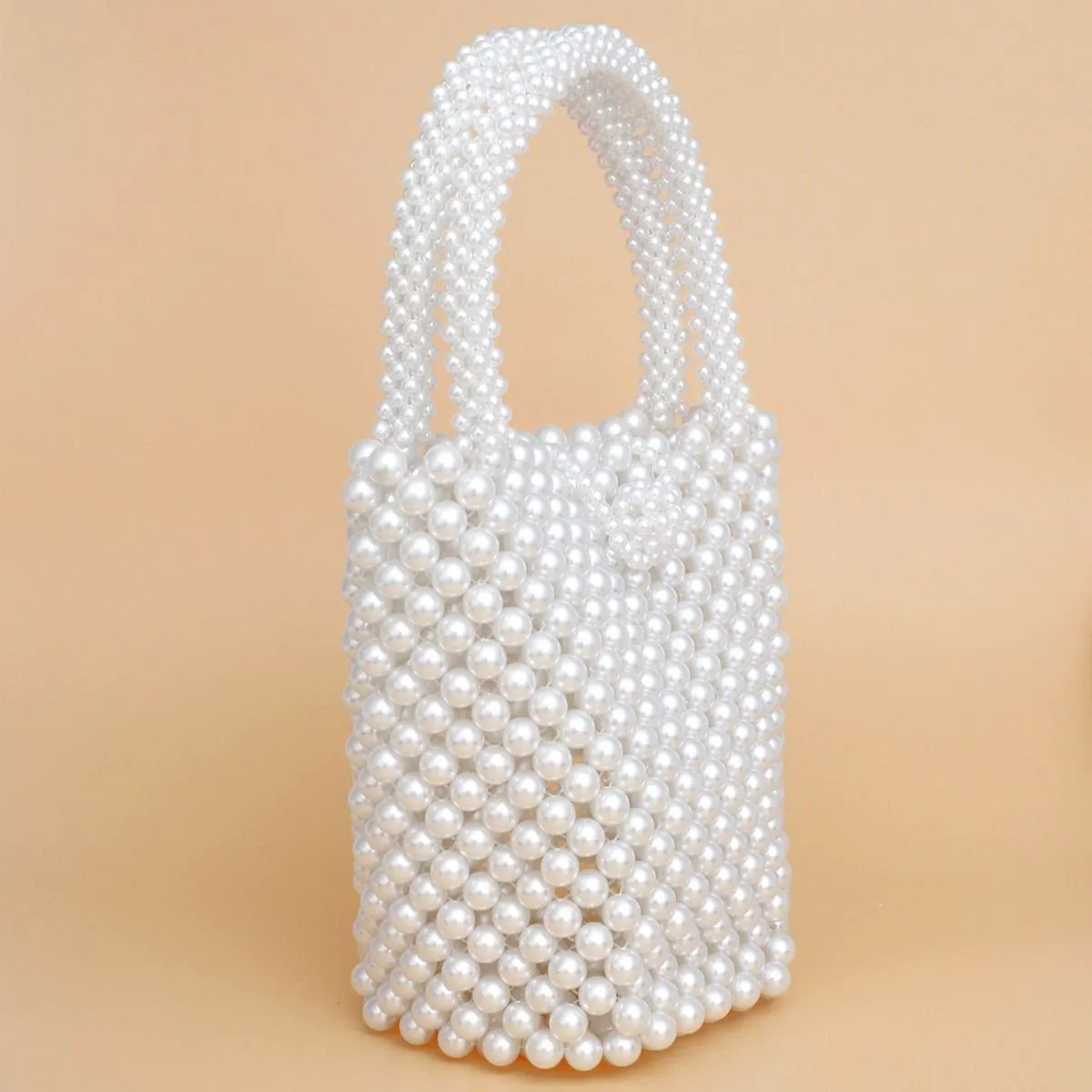 Top Handle Bucket White Pearl Woven Handmade Bag - Bridal Purse Wedding