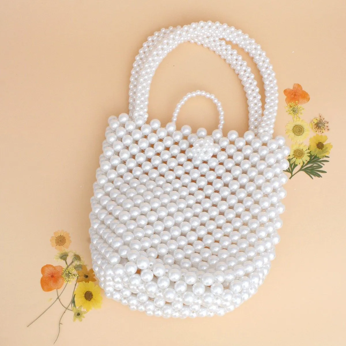 Top Handle Bucket White Pearl Woven Handmade Bag - Bridal Purse Wedding