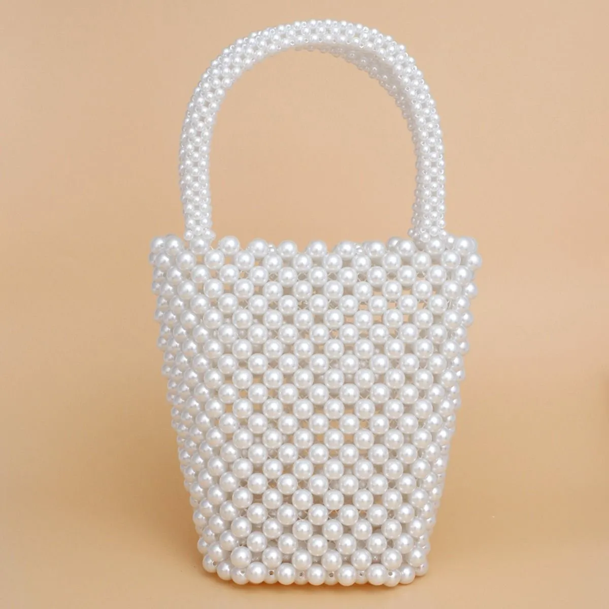 Top Handle Bucket White Pearl Woven Handmade Bag - Bridal Purse Wedding