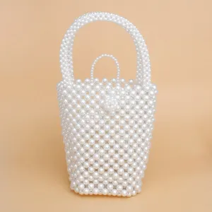 Top Handle Bucket White Pearl Woven Handmade Bag - Bridal Purse Wedding