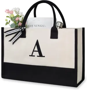 TOPDesign Embroidery Initial Canvas Tote Bag, Personalized Present Bag, Suitable for Wedding, Birthday, Beach, Holiday, is a Great Gift for Women, Mom, Teachers, Friends, Bridesmaids (Letter A)